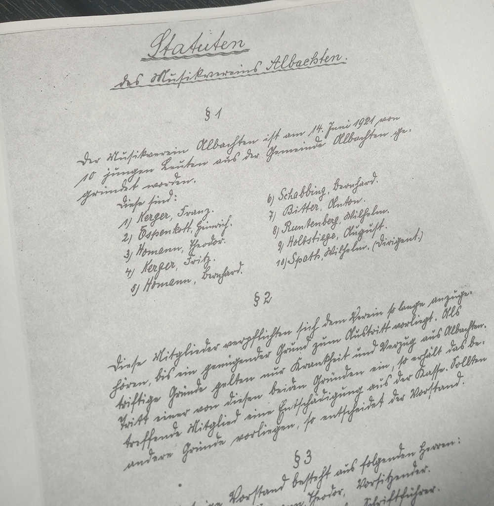 Foto des Abdrucks der ersten Satzung des Musikvereins Albachten von 1924, in der das Datum der GrÃ¼ndungsversammlung am 14.6.1921 genannt ist